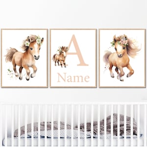 Pferde Drucke Baby Mädchen Kinderzimmer Wand Kunst personalisierte Name Schlafzimmer Dekor Kinder Poster 3er-Set druckbare digitale Bild neue Babyshower Geschenk