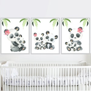 Baby Panda poster Wall Decor Girl nursery Art Print Children Bedroom Kids set of 3 Canvas pictures digital family toddler