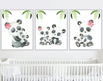 Baby Panda poster Wall Decor Girl nursery Art Print Children Bedroom Kids set of 3 Canvas pictures digital family toddler