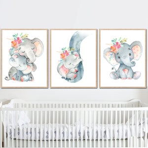 Stampa artistica da parete con elefante floreale, decorazione per la cameretta dei bambini, immagini per la camera dei bambini, set di 3 poster ad acquerello per la mamma, tela per regali, bambino grigio