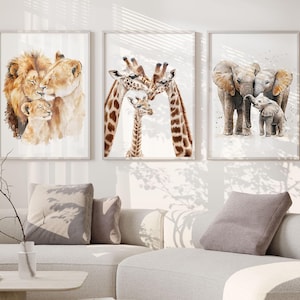 Impresión artística de animales de safari, bebés, papá, madre y bebé, decoración de pared para guardería, juego de 3 pósteres familiares para habitación de mamá, jirafa, elefante, león, hogar neutro