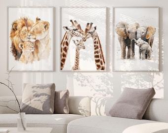 Zoo Safari Animal Babies Dad Mother and Baby Art Print Nursery Wall Decor Mom set of 3 room family poster Giraffe Elephant Lion neutral home