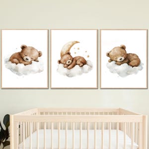 Impresión artística de oso pardo, decoración de pared para guardería de bebé niño, dormitorio infantil neutro, juego de 3, póster digital para niños, imagen de nube y luna estilo bohemio pastel