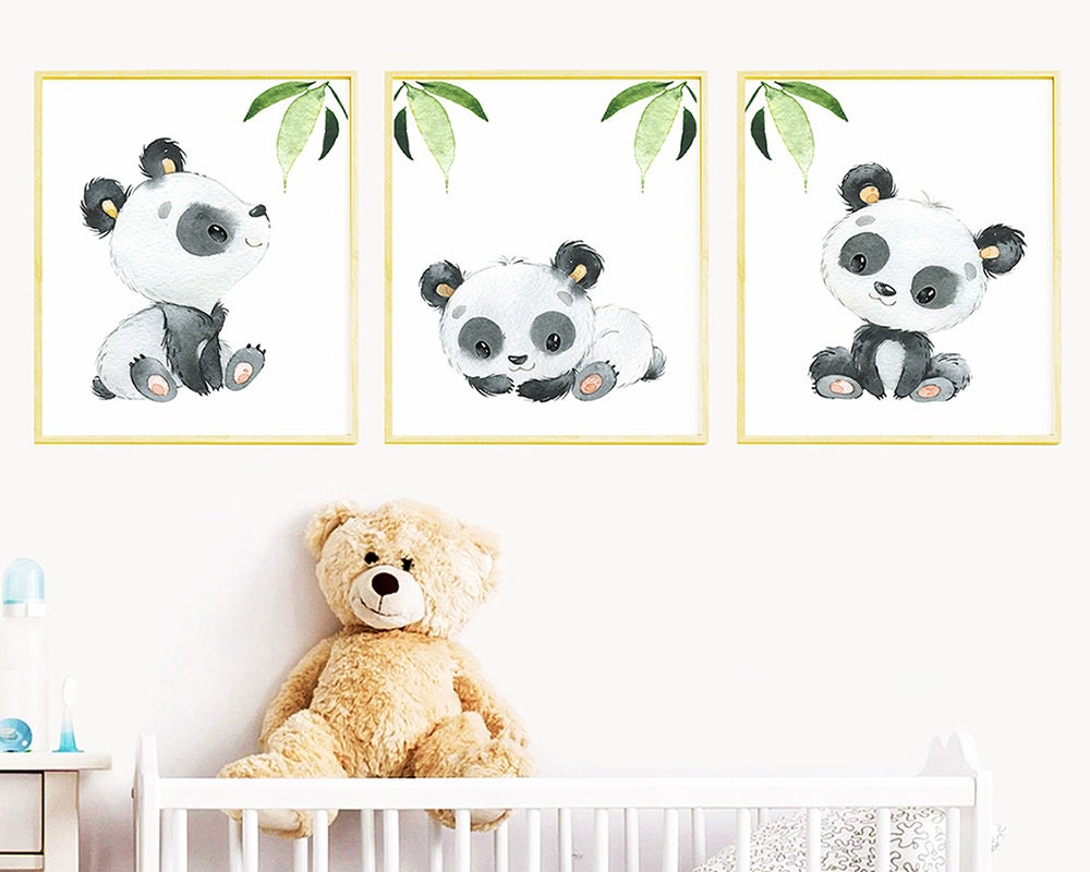 Panda Poster Set Of 3 Canvas Print Gray Panda Wall Decor Etsy