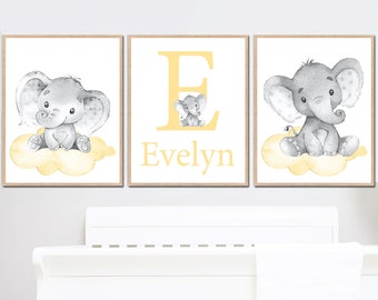 Impresiones de nombres de bebé personalizadas, arte infantil neutro, inicial personalizada, decoración de pared de elefante, juego de 3 habitaciones para niños, gris y amarillo