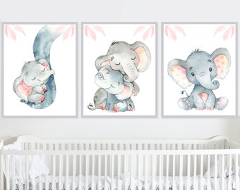 Baby Elephant Wall Art Print Girl Nursery Decor Kids pictures Room Children set of 3 Poster Gray Pink