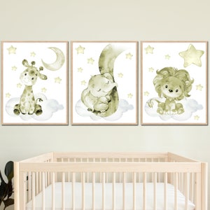 Decoración de pared neutra para dormitorio de bebé, impresiones artísticas para habitación de niño y niña, pósteres para guardería, animales de safari, jungla, juego de 3 para niños, estrella y luna verde oliva