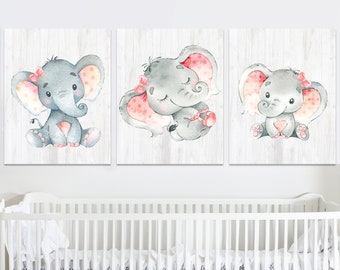 Pink Gray Elephant Posters Baby Girl Nursery art Decor Elephant Wall Printable Digital Child kid room set of 3 canvas artwork