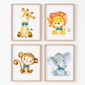 Poster della giungla Safari Baby Boy Nursery Wall Art Prints Animale Leone Scimmia Giraffa Elefante Acquerello Set di tele per bambini di 4 immagini digitali