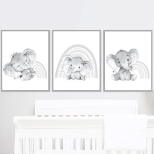 Camera neutra Baby Boy Nursery Art Decor Poster Elefante da parete stampabile Immagini arcobaleno per bambini Set di 3 tele Sala giochi digitale