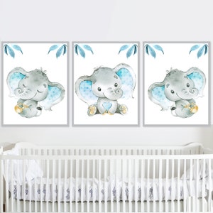 Set di 3 poster con stampa artistica per bambini, decorazione da parete con elefante, per cameretta dei bambini, illustrazioni digitali su tela, blu e grigio, immagini per bambini
