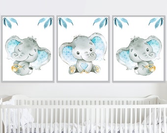 Baby Boy Nursery Elephant Wall Decor Children Art Print poster set of 3 bedroom digital illustration Canvas Blue Gray child pictures