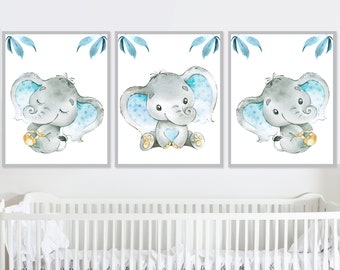 Baby Boy Nursery Elephant Wall Decor Children Art Print poster set of 3 room digital illustration Canvas Blue Gray