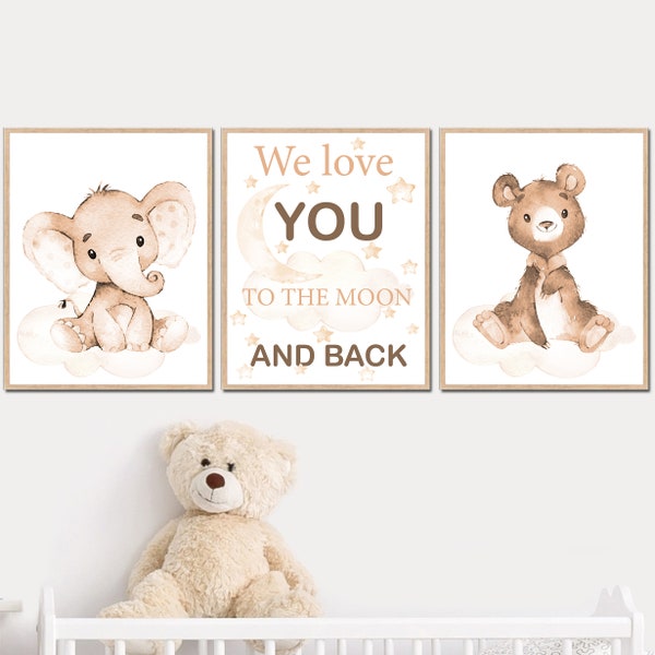 Baby Boy Girls Neutral Nursery Stampa Citazioni Wall Art Kids Bedrooom Elefante Orso set di 3 ti amiamo fino alla luna e ritorno Poster genere