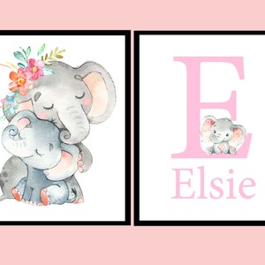Elefante niños decoración de la habitación bebé niña nombre vivero pared arte impresiones personalizado inicial carta niños conjunto de 2 imagen rosa gris