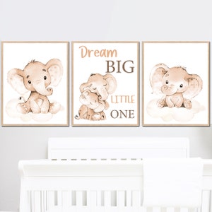 Decorazione da parete per camera da letto dei bambini neutra, stampa artistica con citazione, elefante bambino, set di 3, sogno in grande, piccolo, digitale, genere, beige, pastello