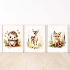 Stampe per cameretta dei bambini, animali della foresta, decorazioni da parete per bambini, set di 3 stampe digitali stampabili con volpe, gufo, cervo, acquerello, boho, per la camera dei bambini