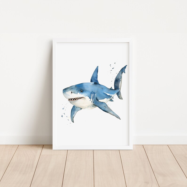 May include: A watercolor painting of a blue shark swimming in the ocean. The shark is depicted in a realistic style with detailed features, including its sharp teeth and fins. The painting is set against a white background, creating a sense of depth and movement.