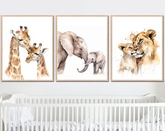 Zoo Safari Animals Babies Mother and Baby Art Print Nursery Wall Decor Mom set of 3 room Watercolor Giraffe Elephant Lion digital for home