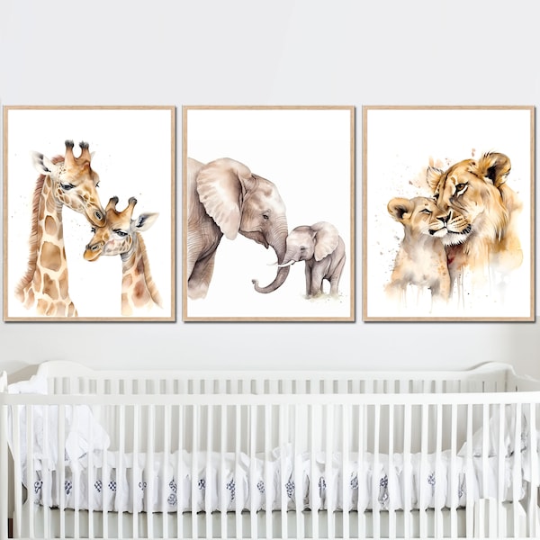 Zoo Safari Animals Babies Mother and Baby Art Print Nursery Wall Decor Mom  set of 3 room Watercolor Giraffe Elephant Lion digital Ai