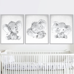 Sala giochi neutra Baby Boy Nursery Wall Decor Poster Elefante Stampe d'arte set di 3 Bambini Bambini Tela grigia stampabile digitale Bambino piccolo