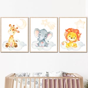 Baby Tiere Wandkunst Neutral Kinderzimmer Kunstdrucke Mädchen Junge Kind Kinder Schlafzimmer Dekor 3er Set Poster Bilder Giraffe Elefant Löwe Stern Mond