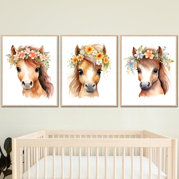 Horse Nursery Wall Art Prints with flowers Baby Girl bedroom Decor Kids Posters set of 3 Canvas Printable Digital pictures