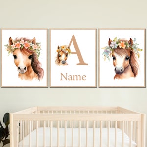 Nome personalizado cavalo berçário arte da parede flores imprimíveis personalizado bebê menina quarto decoração crianças cartazes conjunto de 3 lona imagens digitais