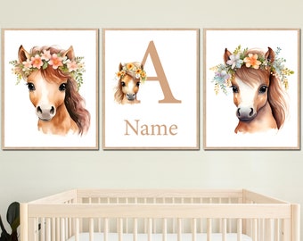 Personalized Name Horse Nursery Wall Art Printable flowers Custom Baby Girl bedroom Decor Kids Posters set of 3 Canvas Digital pictures