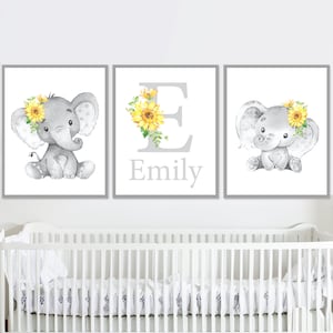 Personalizzato Baby Room Decor Elefante Nome Wall Art Ragazza Nursery Stampe iniziali Monogramma Girasole Segno floreale set di 3 immagini stampabili digitali