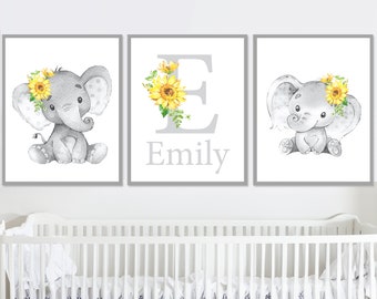 Ensemble de 3 décorations personnalisées pour chambre de bébé, nom d'éléphant, art mural pour chambre d'enfant, impression d'initiales de monogramme, tournesol, signe floral, impression numérique