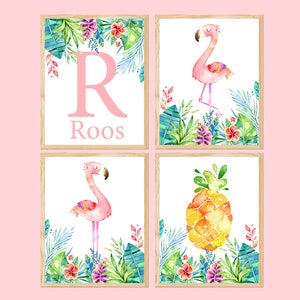 Nome personalizzato per bambina, fenicottero, stampabile, poster d'arte tropicale per la cameretta dei bambini, set di 4 decorazioni da parete, sala giochi per bambini, immagini per bambini piccoli, regalo digitale