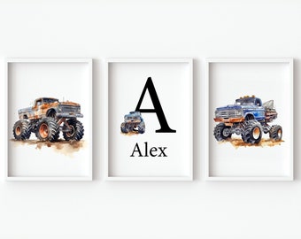 Monster Truck Wall art Decor Baby Boy nursery Print Custom Name sign Personalised Kids Room poster Set of 3 child pictures