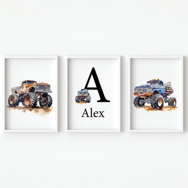 Monster Truck Wall art Decor Baby Boy nursery Print Custom Name sign Personalised Kids Room poster Set of 3 child pictures