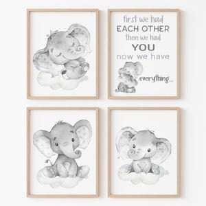 Impresión de arte de pared con elefante para guardería, decoración de habitación de bebé niño neutral, citas digitales, primer niño, nos tuvimos el uno al otro, juego de 4 pósteres, familia, mamá y madre
