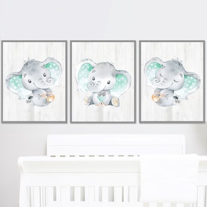 Poster da parete con elefante grigio menta, decorazione per la cameretta dei bambini, set di 3 tele stampabili digitali per bambini piccoli
