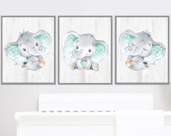 Mint Gray Elephant Wall Art Baby Boy Neutral Nursery Decor Kids Room Children set of 3 Posters canvas printable digital