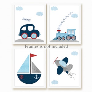 Marineblauw grijs rood trein auto babyjongen kinderkamer decor kinderen kunst aan de muur afdrukbare set van 4 vliegtuig boot canvas digitale kinderen speelkamer poster