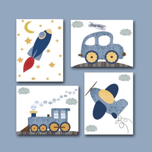 Decorazione da parete per la cameretta del bambino, set di 4 stampe artistiche per bambini, auto, razzo, aereo, treno, blu, grigio, giallo, regali