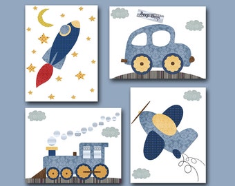 Décoration murale pour chambre d'enfant, impression d'art pour bébé, lot de 4 pour chambre d'enfants, voiture, fusée, avion, train, bleu gris jaune, cadeaux