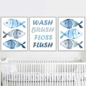 Arte murale a forma di pesce per il bagno del neonato, set di 3 stampe per bambini, pesca, vivaio, lavaggio, spazzola, filo interdentale, poster digitali, tela, animali dell'oceano