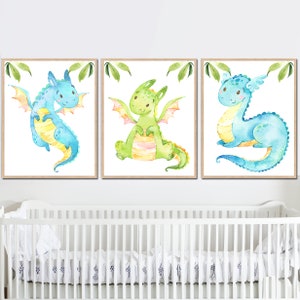 Arte murale per la cameretta dei bambini con drago, stampabile, decorazione per la cameretta dei bambini, set di 3 immagini digitali, acquerello su tela, poster per la sala giochi, regalo per bambini piccoli
