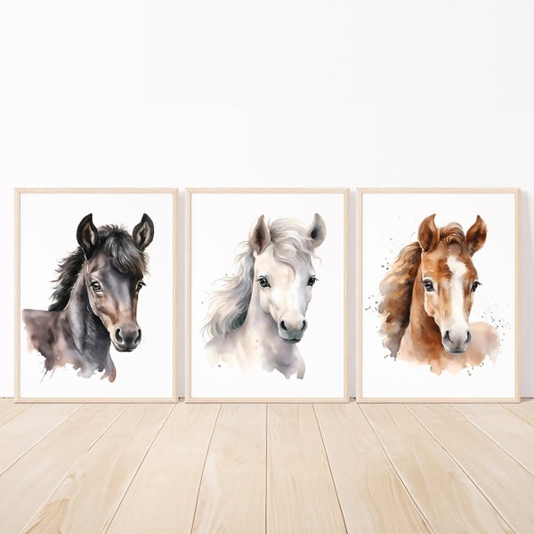 Horse Nursery Wall Art Prints Baby Girl bedroom Decor boy Kids posters set of 3 Canvas Printable Digital pictures