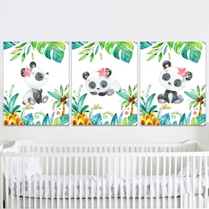 Impresión de panda, arte de pared, decoración de guardería para niñas, dormitorio infantil, juego de 3 carteles, lienzo, imágenes digitales imprimibles para niños