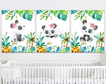 Art mural imprimé panda, décoration de chambre de bébé fille, chambre d'enfants, lot de 3 affiches, toile, impression numérique