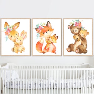 Wald Wald Baby Mädchen Kinderzimmer Art Prints Waldtiere Kinderzimmer Kind Poster 3er Set Mutter Hase Aquarell Fuchs Bär Leinwand digitale Bilder