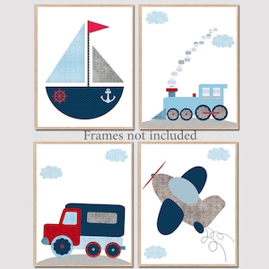 Camion auto vivaio stampa artistica barca a vela neonato sala giochi Decor bambini digitale stampabile Set di 4 poster bambino aereo treno piccolo regalo