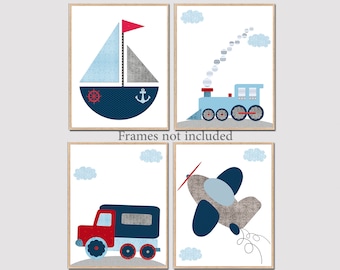 Lorry Car Nursery Art Print Sailboat Baby Boy Room Decor Children digital printable Set of 4 Plane Train