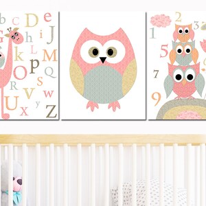 Kids Wall Art Printable Owl Nursery Alphabet Decoration Baby Girl Playroom Poster set of 3 Grey Pink Beige digital toddler /
