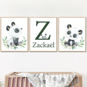 Custom Baby Panda Name Poster personalizado Boy Nursery Wall Art Decoración Carta Impresión inicial conjunto de 3 niña digital Kid Room Canvas